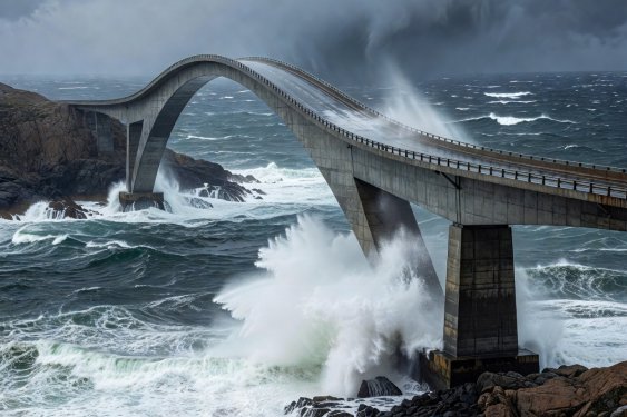 Storseisundet bridge arching steeply over violent North Atlantic breakers